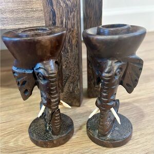 Elephant Taper Candle Sticks W/Tusks; 2 Hand Carved Wood Elephant Heads